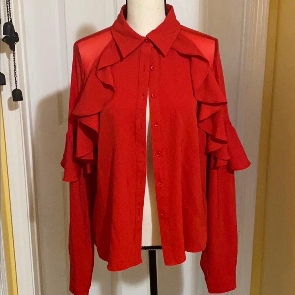 Flounce Cowgirl Ruffle Mesh Red Blouse
